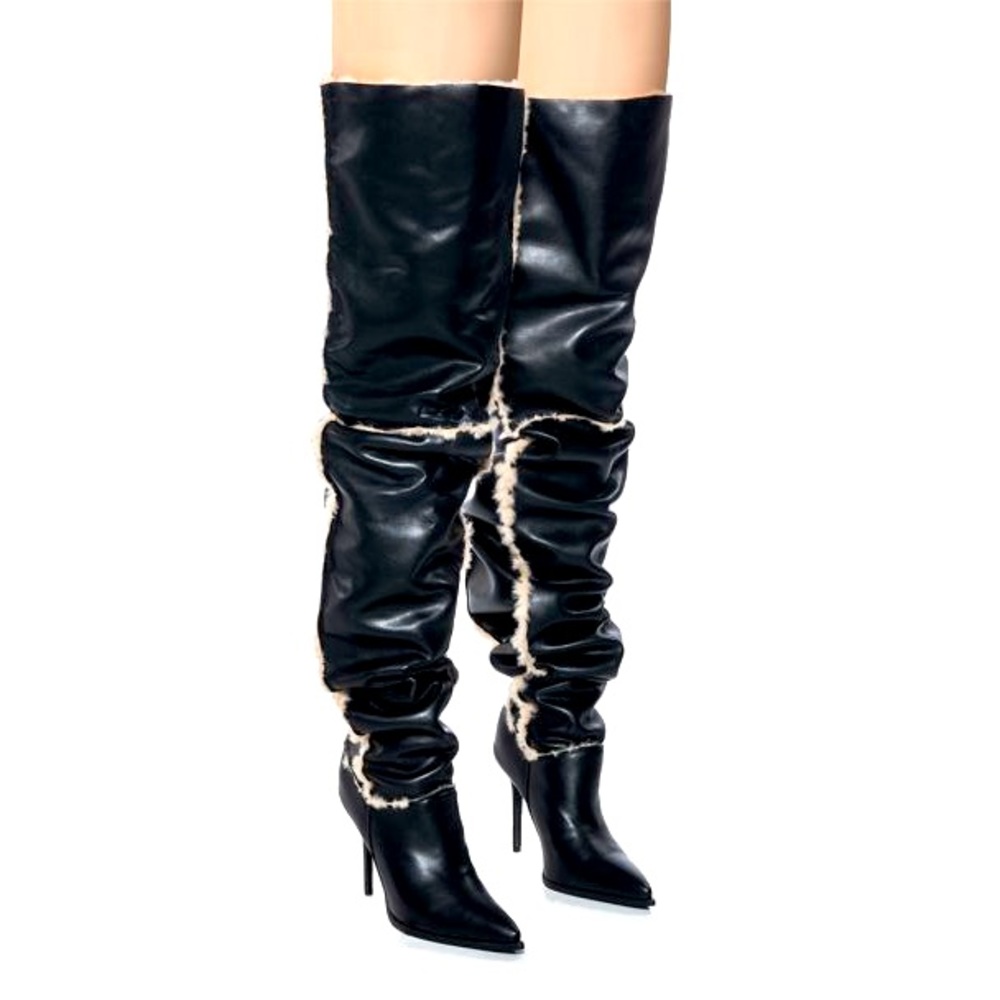 AZALEA WANG Black Leather Faux Fur Lined Thigh High Boot